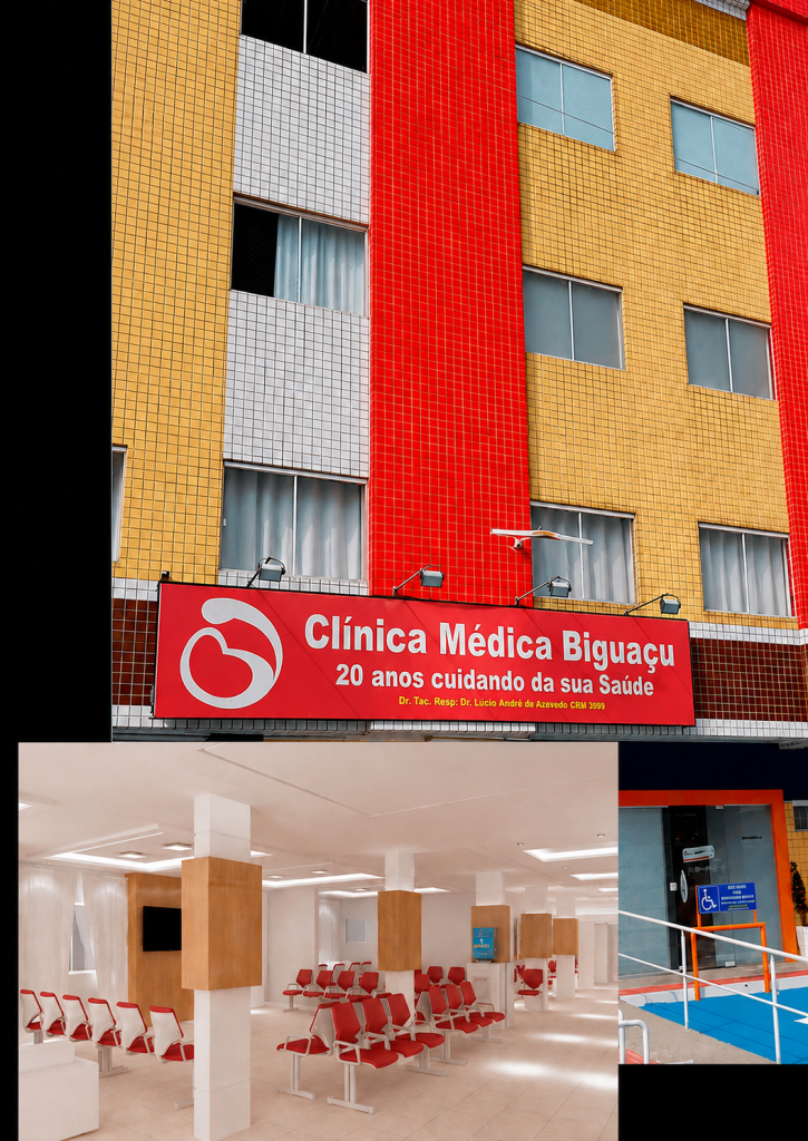 Fachada e recepção da Clínica Médica Biguaçu